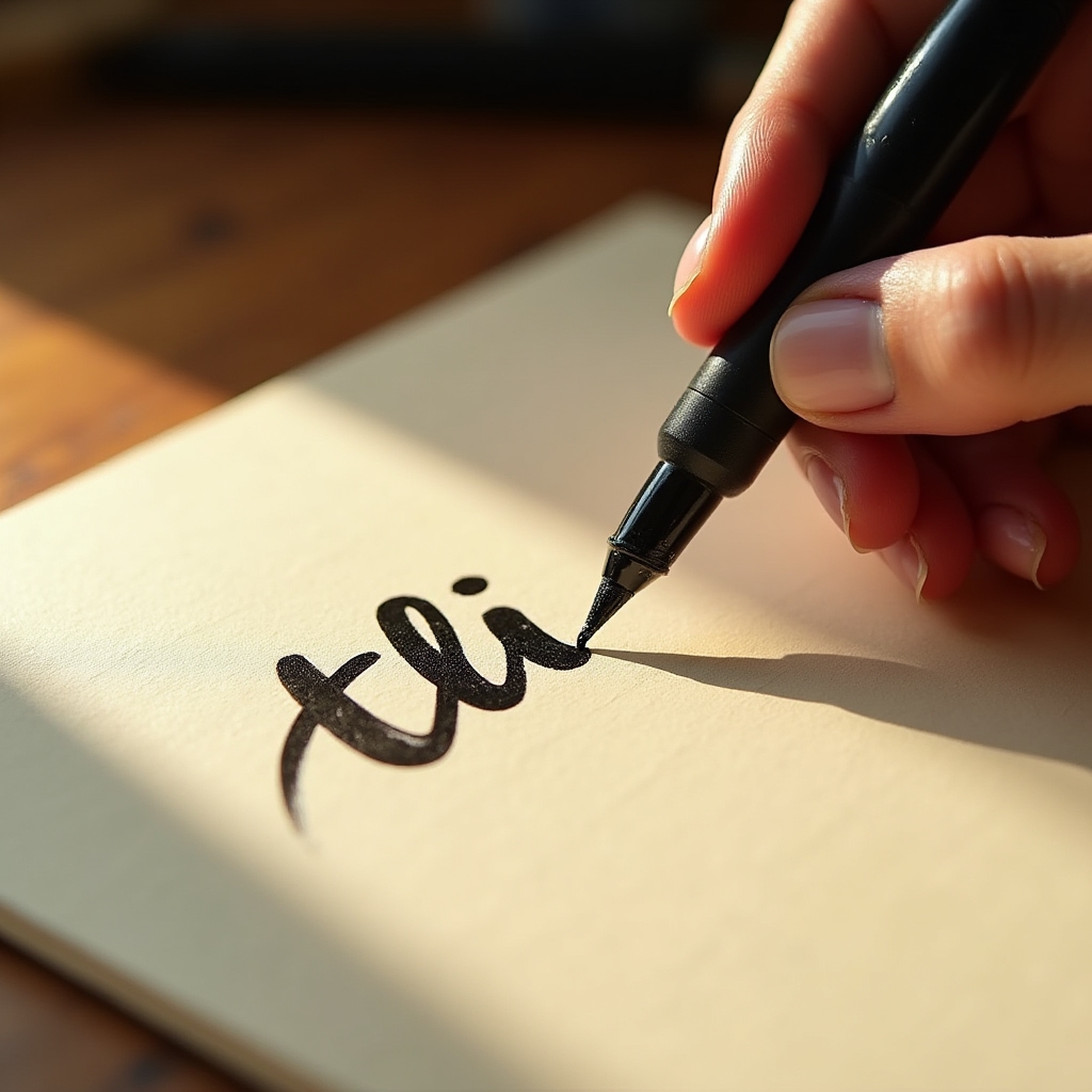 Detaliu brush pen în acțiune pe hârtie